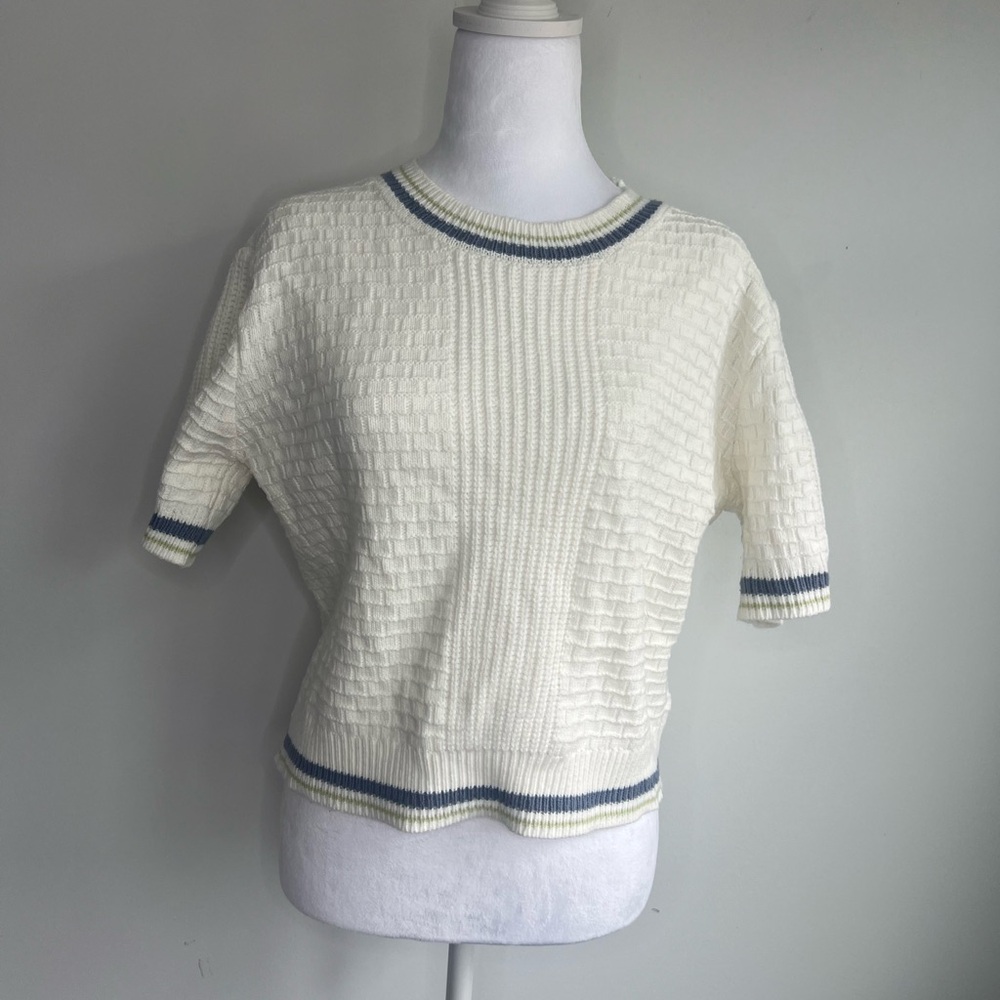White Knit Top with‎ Blue Details